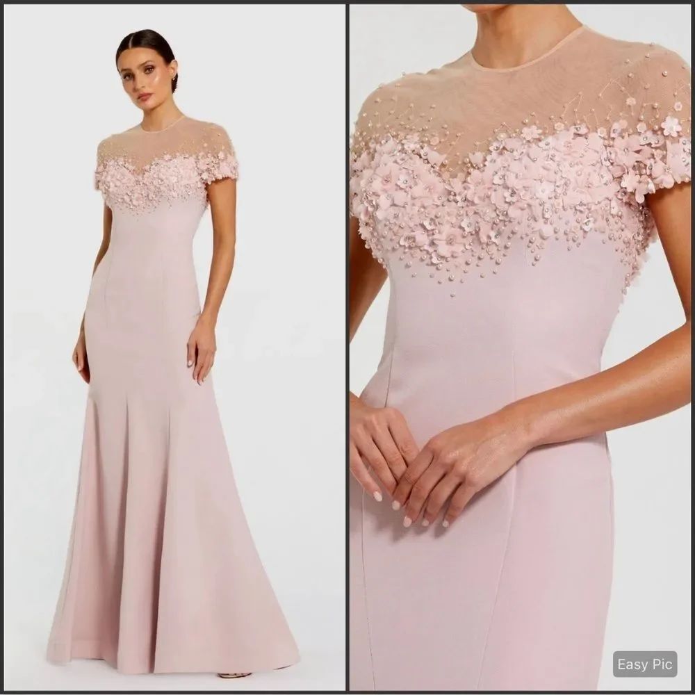 Mac Duggal 11867 Pink Crepe Mermaid Gown With Beaded Illusion Neck